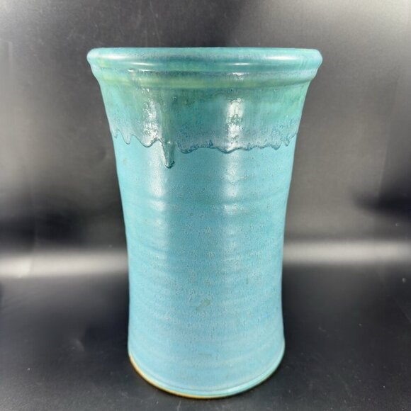 1995 Galena Pottery Company Large Heavy Vase Vessel Turquoise Drip Glaze Signed - Picture 14 of 16